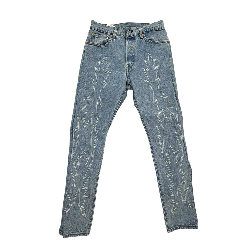 Levis 501 Del Norte Slim Jeans Women Size 28 Blue Embroidered Button Fly Flame